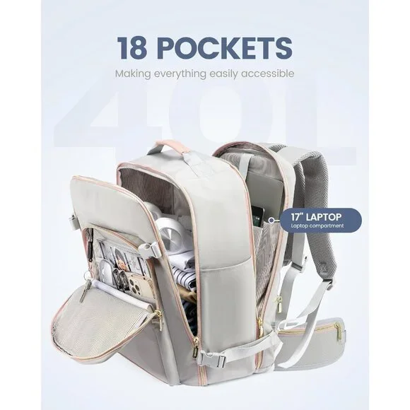 Light Gray-Pink 40L Travel Backpack for Women and Men with Waist Strap,  Water-Re Women
